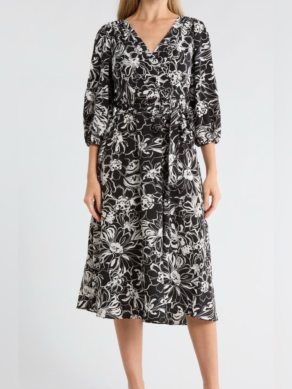 DKNY Black and White Floral Wrap Midi Dress
